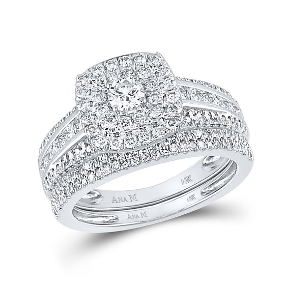 14k White Gold Round Diamond Square Halo Bridal Wedding Ring Band Set 1 Cttw
