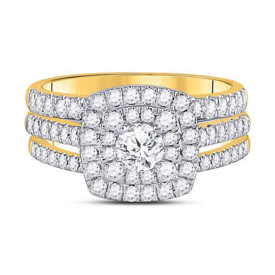 14k Yellow Gold Round Diamond Halo Bridal Wedding Ring Band Set 1-1/2 Cttw