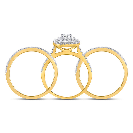 14k Yellow Gold Round Diamond Halo Bridal Wedding Ring Band Set 1-1/2 Cttw