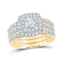  14k Yellow Gold Round Diamond Halo Bridal Wedding Ring Band Set 1-1/2 Cttw