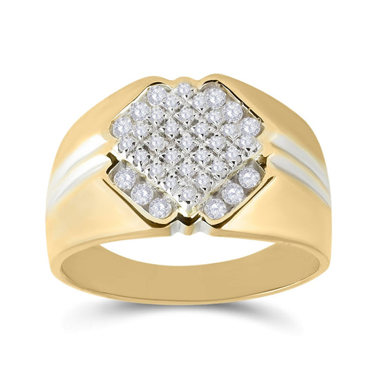 10k Two-tone Gold Mens Round Diamond Diagonal Square Cluster Ring 1/2 Cttw