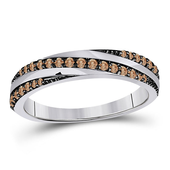 14k White Gold Womens Round Brown Diamond Diagonal Stripe Band Ring 1/4 Cttw