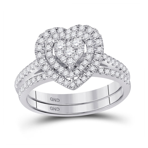 10k White Gold Round Diamond Heart Bridal Wedding Ring Band Set 5/8 Cttw