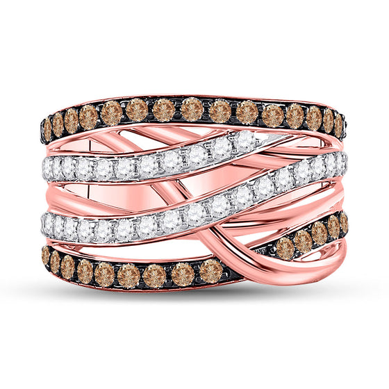 14k Rose Gold Womens Round Brown Diamond Crossover Fashion Ring 1-1/3 Cttw