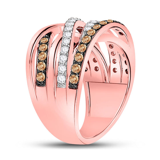 14k Rose Gold Womens Round Brown Diamond Crossover Fashion Ring 1-1/3 Cttw