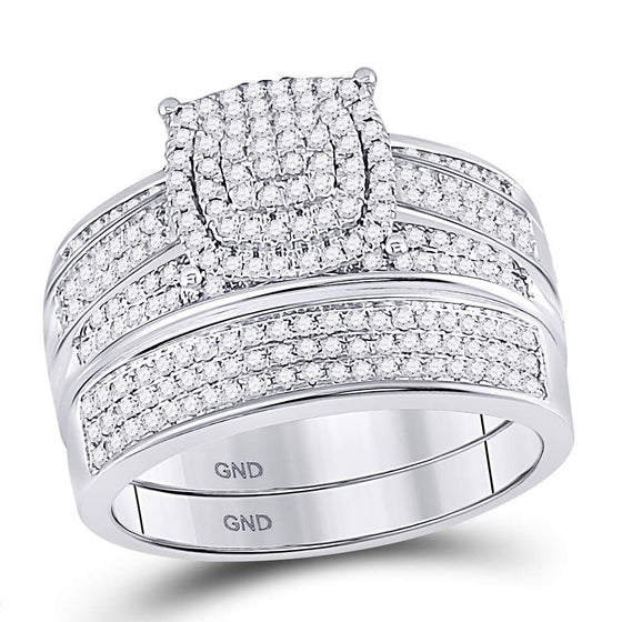 10k White Gold His Hers Round Diamond Cluster Matching Wedding Set 3/4 Cttw
