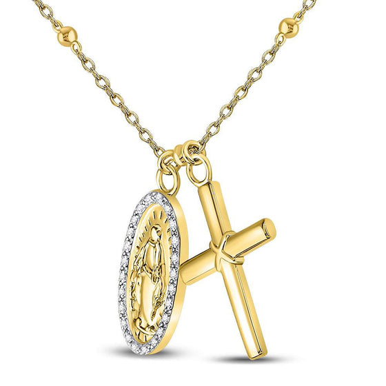 Yellow-tone Sterling Silver Womens Round Diamond Rosary Cross Necklace 1/10 Cttw