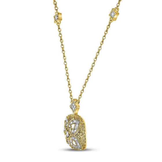 Yellow-tone Sterling Silver Womens Round Diamond Filigree Fashion Necklace 1/10 Cttw