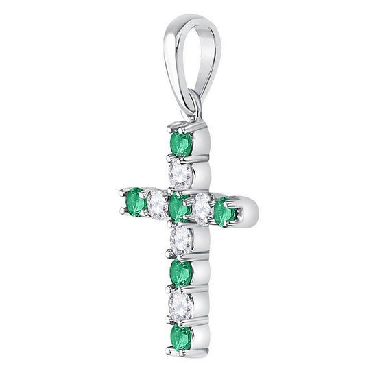 10k White Gold Womens Round Synthetic Emerald Cross Pendant 1/3 Cttw