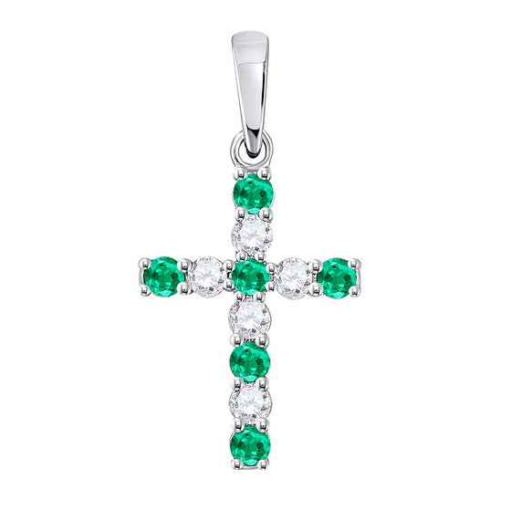 10k White Gold Womens Round Synthetic Emerald Cross Pendant 1/3 Cttw