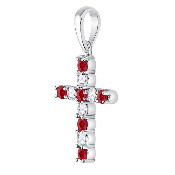 10k White Gold Womens Round Synthetic Ruby Faith Cross Pendant 3/8 Cttw