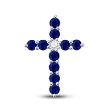 10k White Gold Womens Round Synthetic Blue Sapphire Cross Pendant 7/8 Cttw