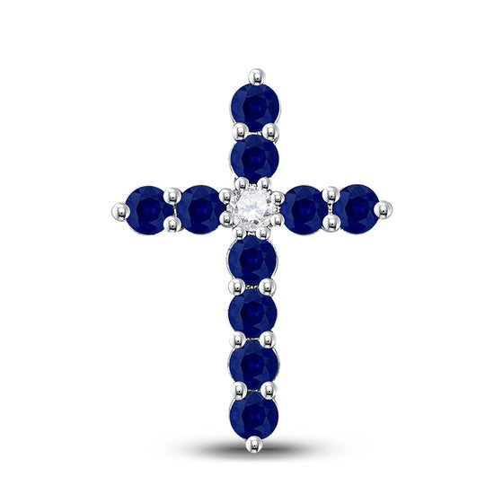 10k White Gold Womens Round Synthetic Blue Sapphire Cross Pendant 7/8 Cttw