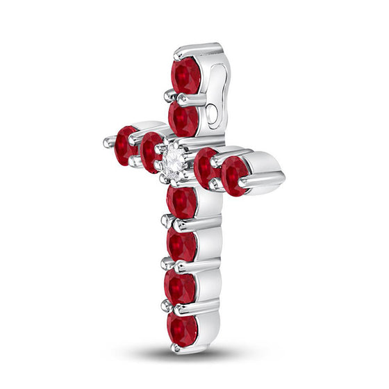 10k White Gold Womens Round Synthetic Ruby Cross Pendant 7/8 Cttw