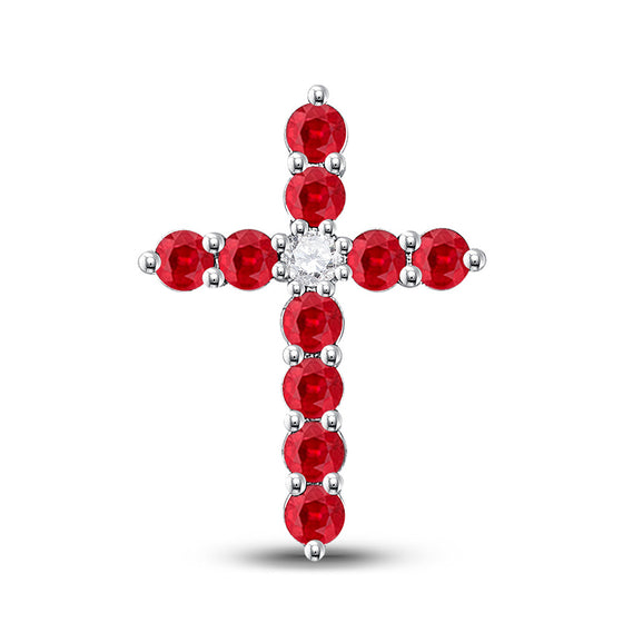 10k White Gold Womens Round Synthetic Ruby Cross Pendant 7/8 Cttw