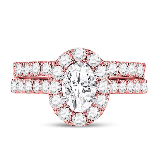 14k Rose Gold Oval Diamond Bridal Wedding Ring Band Set 1-7/8 Cttw