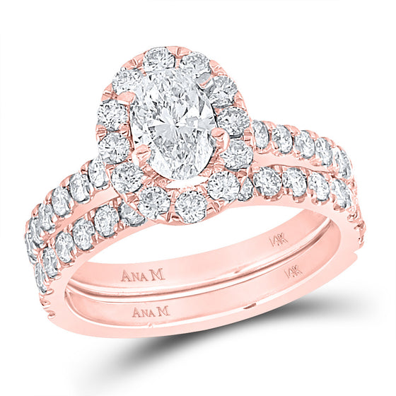 14k Rose Gold Oval Diamond Bridal Wedding Ring Band Set 1-7/8 Cttw