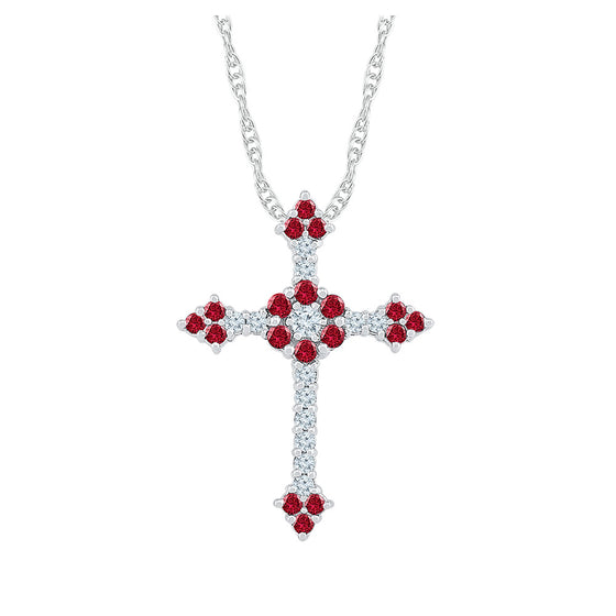 10k White Gold Womens Round Synthetic Ruby Cross Pendant 1 Cttw
