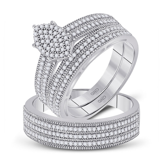 10k White Gold His Hers Round Diamond Cluster Matching Wedding Set 3/4 Cttw