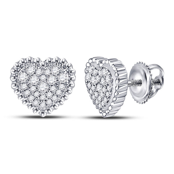 10k White Gold Womens Round Diamond Beaded Heart Earrings 1/4 Cttw