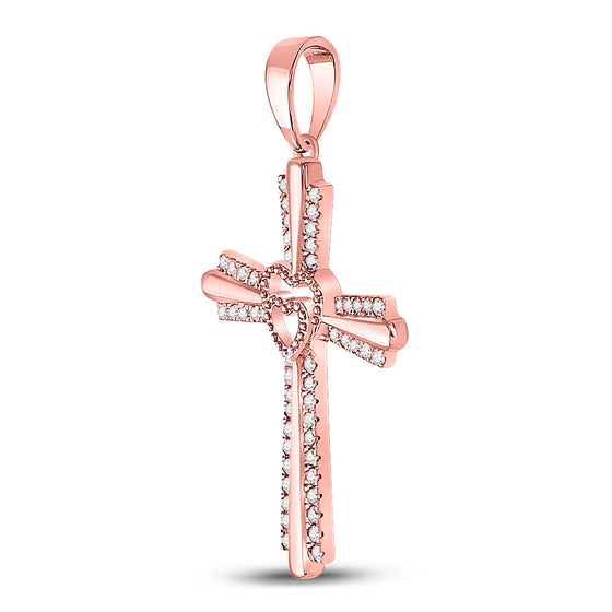 10k Rose Gold Womens Round Diamond Heart Cross Pendant 1/4 Cttw