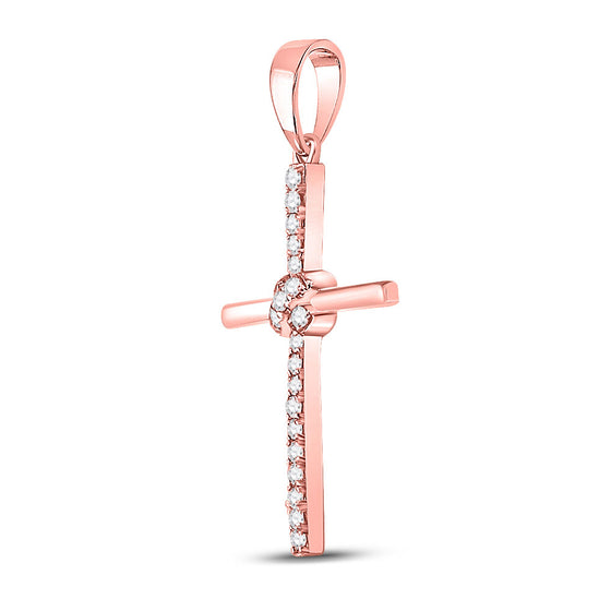 10k Rose Gold Womens Round Diamond Cross Pendant 1/12 Cttw