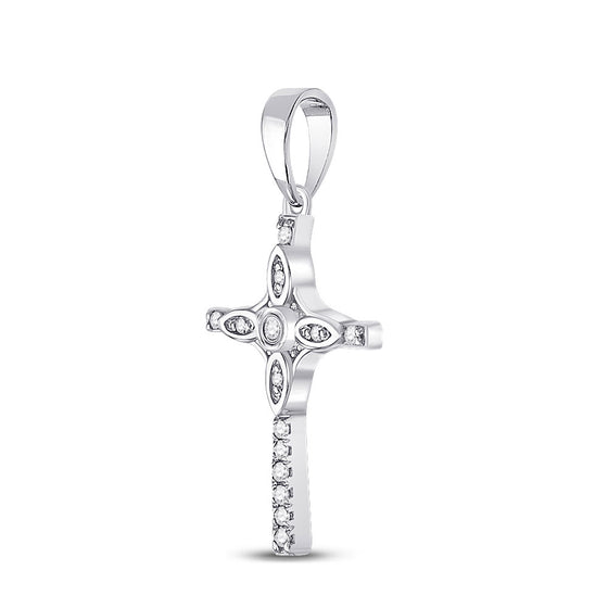10k White Gold Womens Round Diamond Cross Pendant 1/12 Cttw