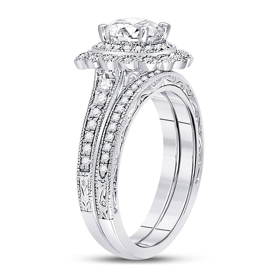 14k White Gold Round Diamond Bridal Wedding Ring Band Set 1-1/5 Cttw
