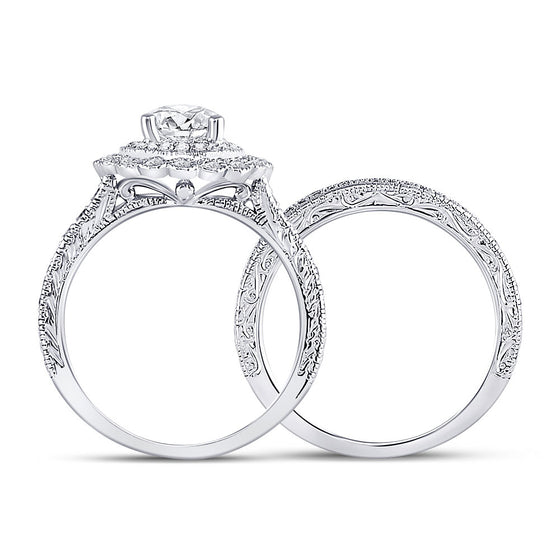 14k White Gold Round Diamond Bridal Wedding Ring Band Set 1-1/5 Cttw