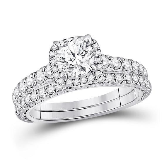 14k White Gold Round Diamond Halo Bridal Wedding Ring Band Set 1-1/2 Cttw