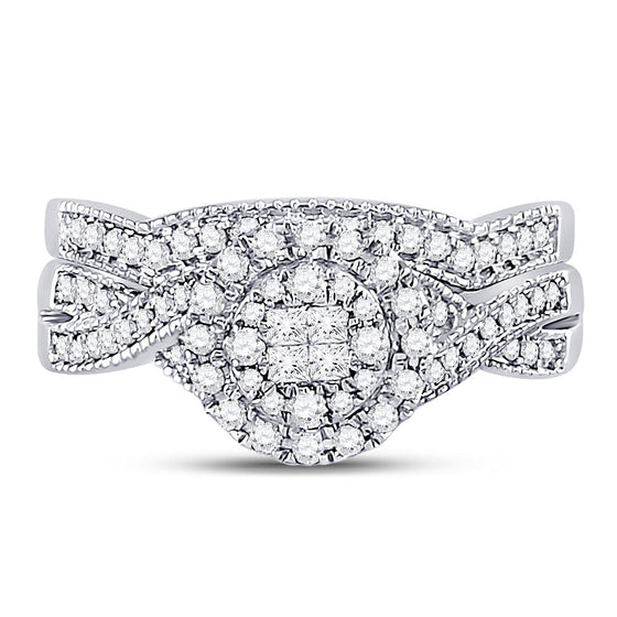 14k White Gold Princess Diamond Bridal Wedding Ring Band Set 1/2 Cttw