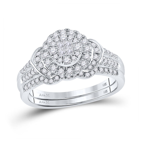 14k White Gold Princess Diamond Circle Bridal Wedding Ring Band Set 1/2 Cttw