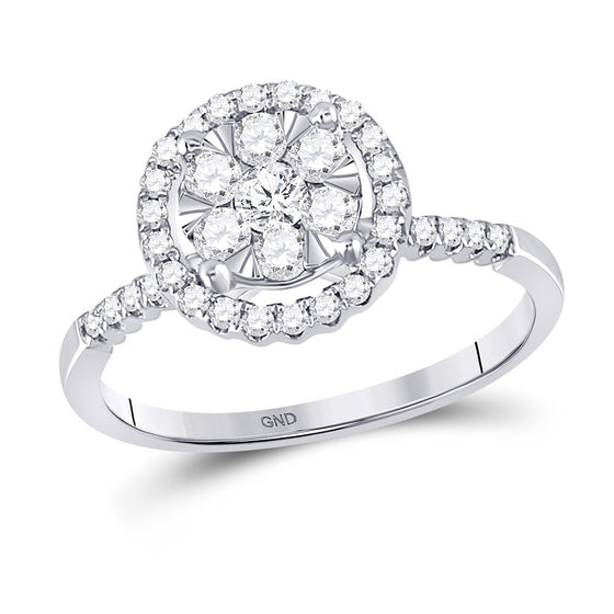 14k White Gold Womens Round Diamond Halo Flower Cluster Ring 1/2 Cttw