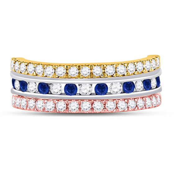 10k Tri-Tone Gold Womens Round Blue Sapphire Convertible Band Ring 1-1/4 Cttw