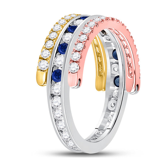 10k Tri-Tone Gold Womens Round Blue Sapphire Convertible Band Ring 1-1/4 Cttw