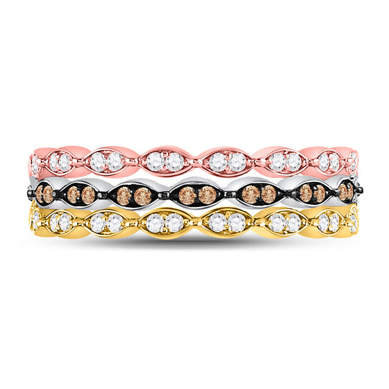 10k Tri-Tone Gold Womens Round Brown Diamond Convertible Band Ring 3/8 Cttw