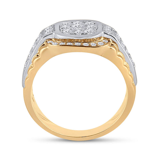 10k Two-tone Gold Mens Round Diamond Ribbed Square Cluster Ring 1-1/4 Cttw