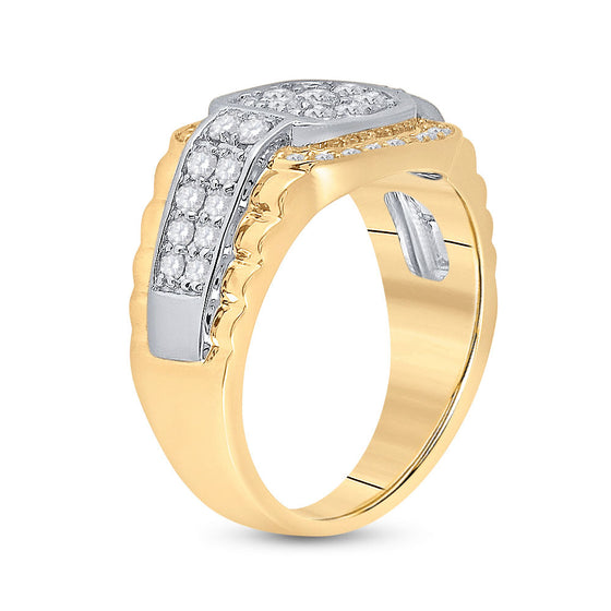 10k Two-tone Gold Mens Round Diamond Ribbed Square Cluster Ring 1-1/4 Cttw