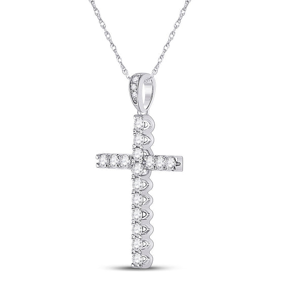 14k White Gold Womens Round Diamond Cross Pendant 1/2 Cttw