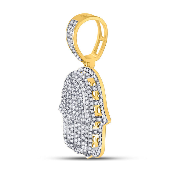 10k Yellow Gold Mens Round Diamond Hamsa Fatima Hand Charm Pendant 1-7/8 Cttw