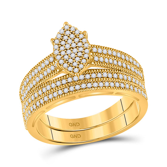 10k Yellow Gold His Hers Round Diamond Cluster Matching Wedding Set 3/4 Cttw