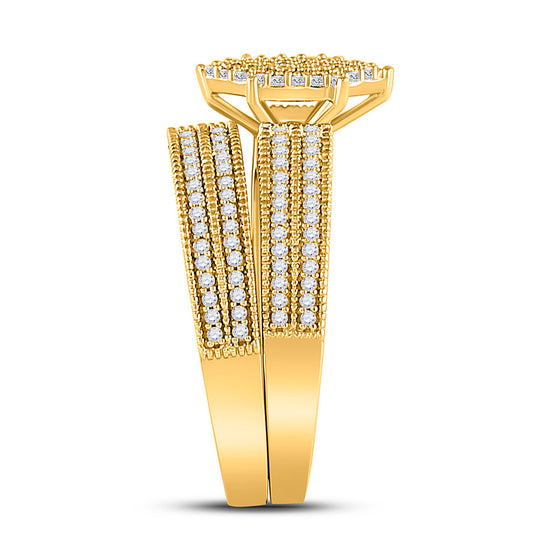 10k Yellow Gold His Hers Round Diamond Cluster Matching Wedding Set 3/4 Cttw
