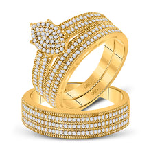  10k Yellow Gold His Hers Round Diamond Cluster Matching Wedding Set 3/4 Cttw