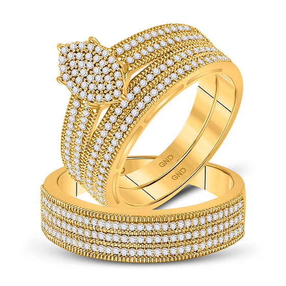 10k Yellow Gold His Hers Round Diamond Cluster Matching Wedding Set 3/4 Cttw