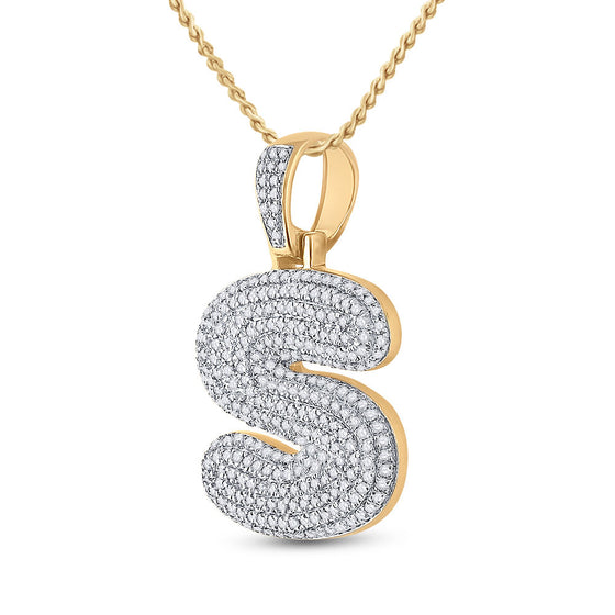 10k Yellow Gold Mens Round Diamond Bubble S Letter Charm Pendant 3/4 Cttw
