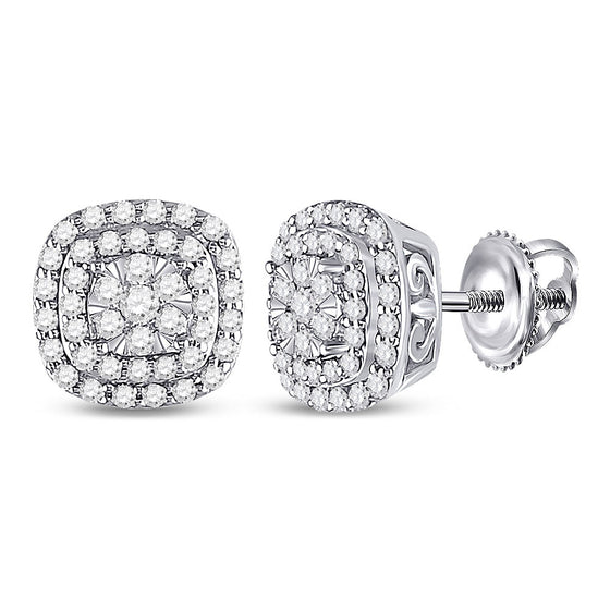 14k Yellow Gold Womens Round Diamond Cushion Halo Cluster Earrings 1/2 Cttw