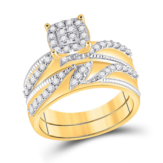 10k Yellow Gold His Hers Round Diamond Cluster Matching Wedding Set 1 Cttw