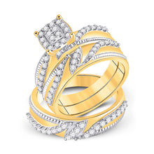  10k Yellow Gold His Hers Round Diamond Cluster Matching Wedding Set 1 Cttw