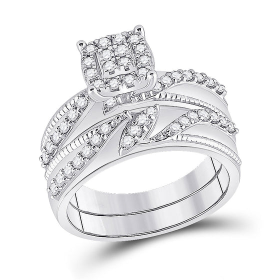 10k White Gold His Hers Round Diamond Cluster Matching Wedding Set 1 Cttw