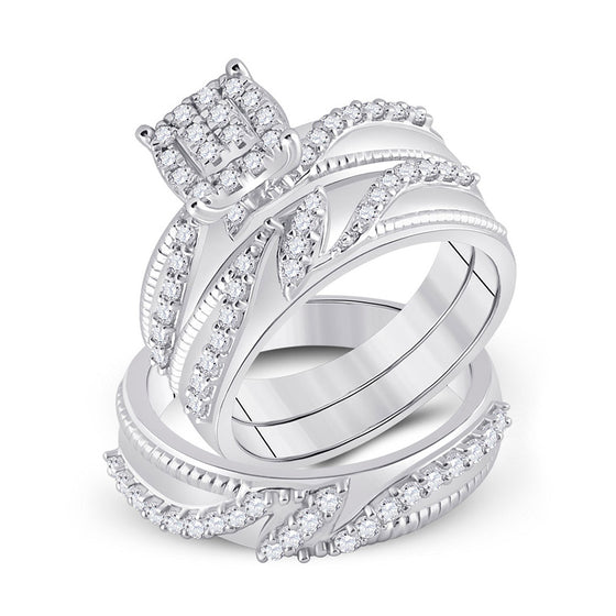 10k White Gold His Hers Round Diamond Cluster Matching Wedding Set 1 Cttw